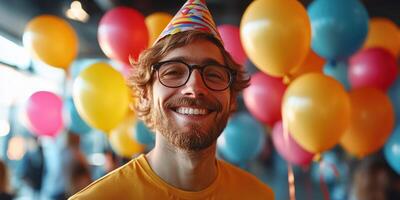 Joyful celebration with a smiling man wearing a party hat in a vibrant balloon-filled venue photo