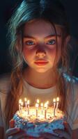 Girl with bright blue eyes holds a birthday cake adorned with lit candles in a dimly lit room photo