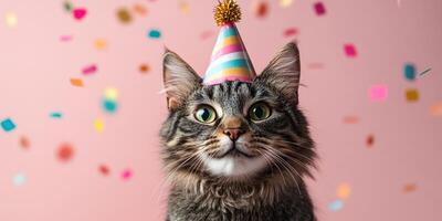 Cat celebrating with a party hat as colorful confetti falls in a festive setting photo