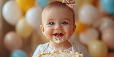 Baby joyfully enjoying a birthday cake surrounded by colorful balloons and decorations during a celebration at home photo