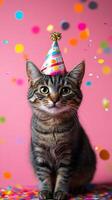 Cute tabby cat celebrates with a party hat amidst colorful confetti and festive decorations on a pink background photo