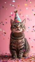 Cat wearing a party hat surrounded by colorful confetti on a pink background photo
