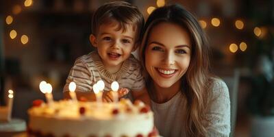 Mother and son celebrate birthday with joyful smiles and delicious cake in cozy, warmly lit room photo
