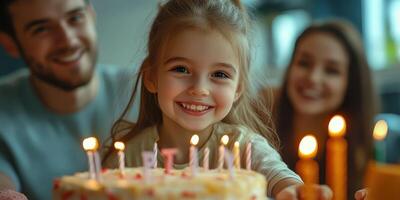 Happy birthday celebration with smiling girl and family at home during evening hours photo