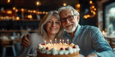 Celebration of love and laughter during a birthday gathering in a cozy restaurant setting photo