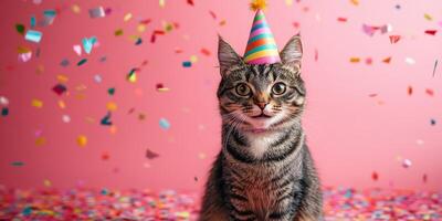 Cute cat celebrates birthday with colorful party hat and confetti in festive atmosphere photo