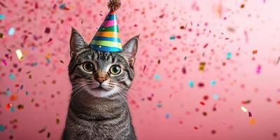 Cat wearing a party hat celebrates with colorful confetti in a bright setting photo