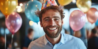 Joyful celebration at a festive gathering with colorful decorations and balloons in a lively indoor setting photo