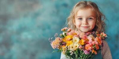 Young girl with bright blue eyes holds a bouquet of colorful flowers against a textured backdrop photo