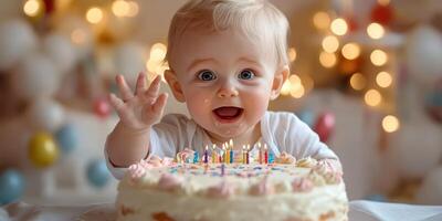 Baby celebrates first birthday with a joyful wave and delicious cake surrounded by festive decorations photo