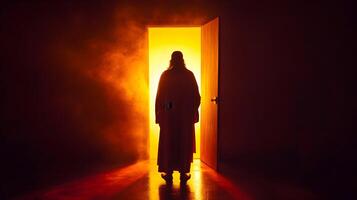 Silhouette figure standing in a doorway amidst bright light and mysterious smoke effect photo