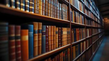 Endless shelves of knowledge, vintage books lined neatly in a grand library setting photo