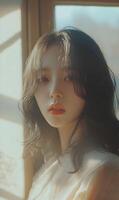 Intimate portrait of an alluring Asian woman bathed in gentle sunlight, capturing her ethereal grace photo