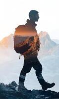 Silhouette Hiker's Journey with Mountain Vista Fusion Visualizing Adventure and Exploration photo