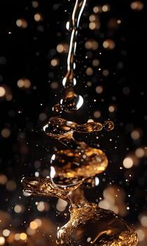 Abstract oil drop on water with dynamic drips and shimmering bokeh effects background photo