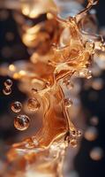 Golden elixir abstract presentation with droplets and splash for creative backgrounds photo