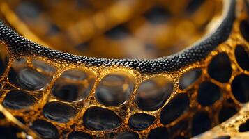 Abstract golden fractal structure with interconnected translucent spheres and dark border photo