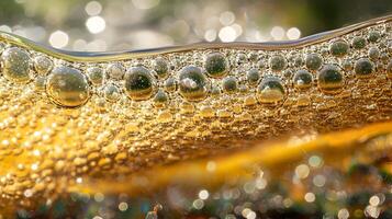 Iridescent orbs a macro perspective of golden liquid surface with floating spheres reflection photo
