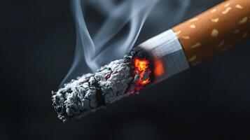 Close-Up of a Burning Cigarette with Glowing Tip and Rising Smoke on a Dark Background photo