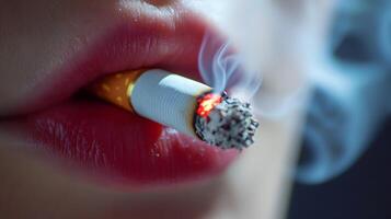 Close-up View of Red Lips Holding a Lit Cigarette Emitting Smoke on a Blurred Background photo
