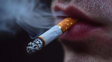 Smoldering Indulgence a Close-Up of a Lit Cigarette Resting in a Person's Lips, releasing smoke photo