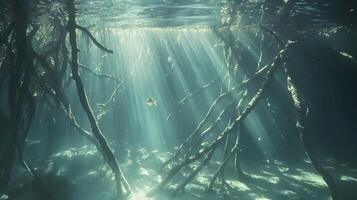 Ethereal underwater realm Submerged mangrove forest bathed in sunbeams creating a mystical scene photo