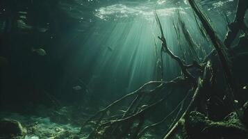 Mystical Underwater Realm Enchanting Submerged Mangrove Forest with Sun Rays Filtering Through Water photo
