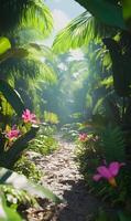 Experiencing a lush journey through a serene jungle pathway bathed in soft sunlight, tropical flora photo