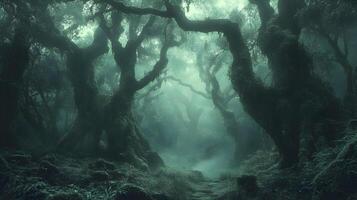 Mystical woodland path through towering trees shrouded in fog evoking mystery and serenity photo