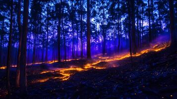 Mystical woodlands illuminated by shimmering ground lights during tranquil twilight hour photo