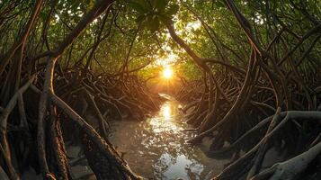 Magical mangrove canopy with intertwined roots and sun rays creating a natural tunnel vision photo