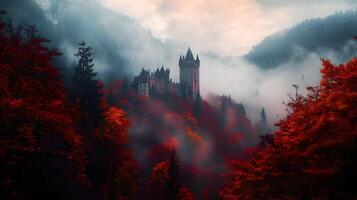 Enchanting medieval castle veiled in mysterious fog surrounded by vibrant autumn foliage. photo