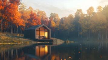 Autumnal Cabin Retreat Serenity by the Lake A Tranquil Escape in a Forest Setting photo