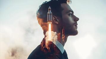 Visionary entrepreneur with creative launch concept, fostering innovation and ambition. photo