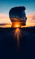 Silhouetted face merged with road leading towards horizon with a warm sunset sky photo