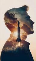 Conceptual vision a portrait of aspiration overlaid with progress and technological ascent photo