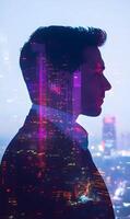 The urban thinker, visionary business man double exposure with cityscapes at night concept photo
