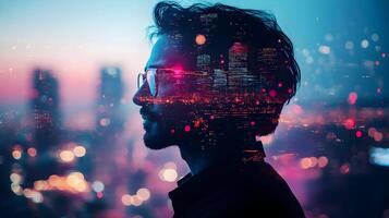 Cityscape Dreams A Silhouette Profile Integrated with a Night Metropolis, capturing Ambition photo