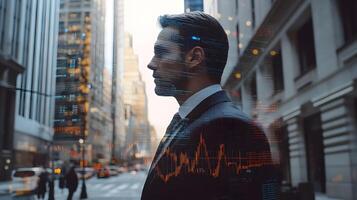 Conceptual representation of a businessman in a city setting overlaid with data visualizations photo