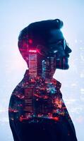 Sophisticated synergy concept portrait integrating human form and modern city skyline photo