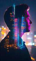 Dreamscape of innovation and urban vision, a double exposure creating a city-mind combination photo