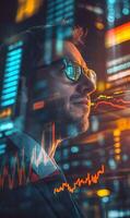 Visionary Trader Navigating Financial Data Stream in the Dynamic Urban Landscape Setting photo