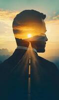Conceptual man road to success, vision of future growth and aspiration, ambition and challenge photo
