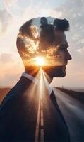 Contemplative Man with Open Road Imagery Overlayed, Capturing Ambition and Forward Thinking photo