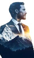 Layered ambition a businessman's vision merges with towering peaks in a digital composition photo