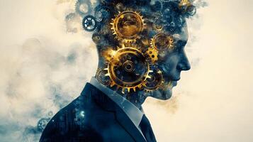 Complex cognitive processes illustrated by intricate gears within a silhouette, head profile photo