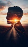 A symbolic journey unfolds within a silhouetted man, capturing aspiration and introspection photo