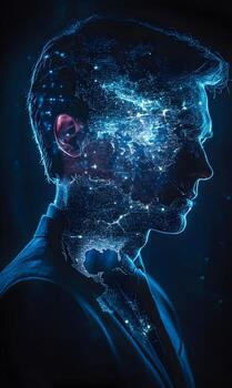 Conceptual profile visage depicting interconnected network system and data management model photo