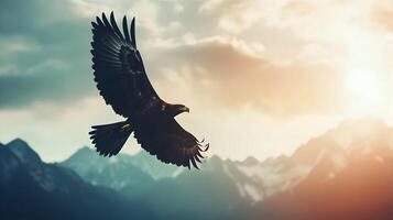 Majestic soar, an eagles captivating journey across the boundless sky and mountain peaks photo