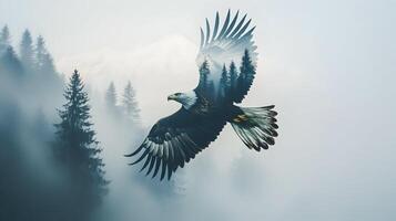 Majestic Eagle with Forest Double Exposure Artistically Composite Against Misty Scenery photo